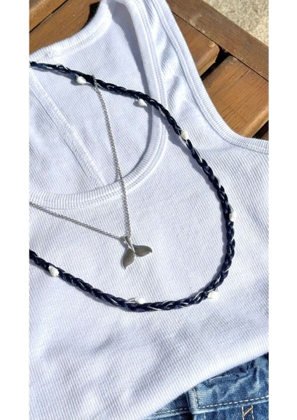 Lacivert Örgü Ip ve Gümüş Balina Kuyruğu Detaylı Ikili Kolye