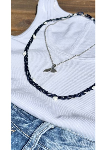 Lacivert Örgü Ip ve Gümüş Balina Kuyruğu Detaylı Ikili Kolye fiyatları