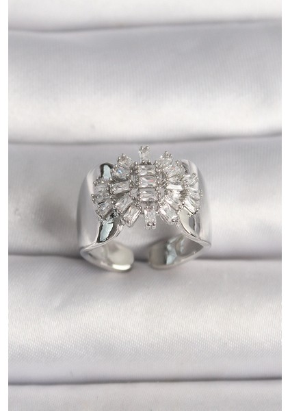 Bfs Pirinç Gümüş Renk Ayarlanabilir Baget Zirkon Taş Model Kadın Yüzük