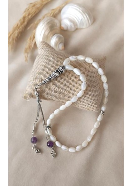 Beyaz Sedef Ametist 33’lü Arpa Kesim Tesbih Püskül ile Şıklık ve Zarafet