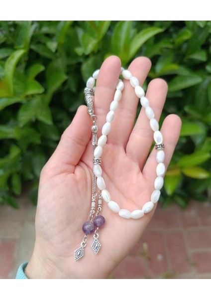 Beyaz Sedef Ametist 33’lü Arpa Kesim Tesbih Püskül ile Şıklık ve Zarafet