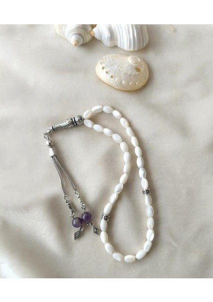 Beyaz Sedef Ametist 33’lü Arpa Kesim Tesbih Püskül ile Şıklık ve Zarafet