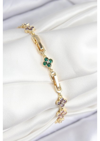 Bfs Vıp Pirinç Renkli Zirkon Taşlı Yonca Model Gold Renk Kadın Bileklik fiyatları