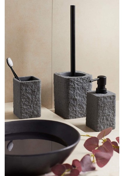 Doğal Taş Görünümlü Sabunluk, 7X15X7 Cm, 300 Ml, Polireçine, Gri