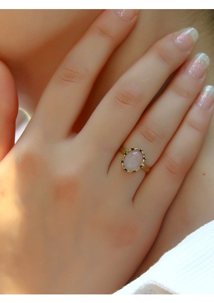 Doğal Taş Pembe Kuvars Kadın Ayarlanabilir Yüzük, Antik Tarz, Şık ve Zarif Tasarım