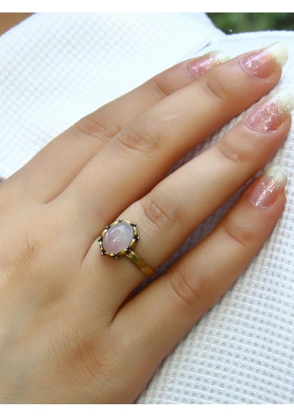 Doğal Taş Pembe Kuvars Kadın Ayarlanabilir Yüzük, Antik Tarz, Şık ve Zarif Tasarım fiyatları