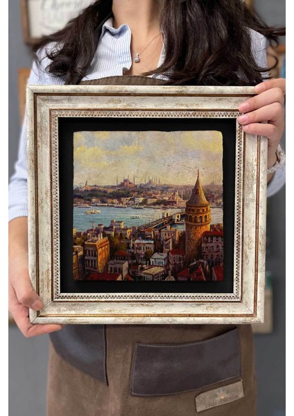 Renkli Taş Duvar Tablo, 30X30 Cm, Istanbul Galata Manzarası, Şık Dekorasyon.