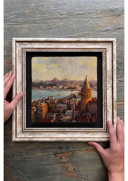 Renkli Taş Duvar Tablo, 30X30 Cm, Istanbul Galata Manzarası, Şık Dekorasyon. fiyatları
