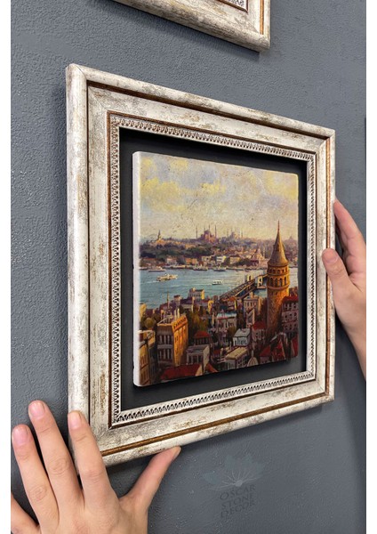 Renkli Taş Duvar Tablo, 30X30 Cm, Istanbul Galata Manzarası, Şık Dekorasyon. modelleri