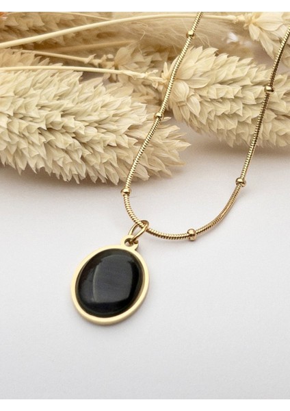 Siyah Sedefli Mineli Oval Çelik Kolye, Zarif ve Şık Takı Seçeneği