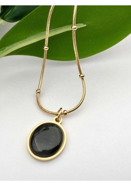 Siyah Sedefli Mineli Oval Çelik Kolye, Zarif ve Şık Takı Seçeneği fiyatları