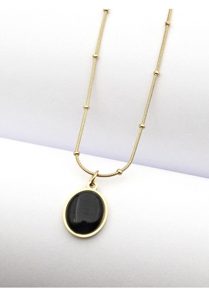 Siyah Sedefli Mineli Oval Çelik Kolye, Zarif ve Şık Takı Seçeneği modelleri
