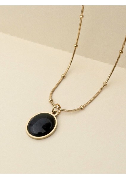 Siyah Sedefli Mineli Oval Çelik Kolye, Zarif ve Şık Takı Seçeneği fırsatları