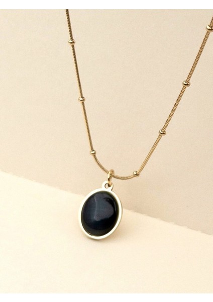 Siyah Sedefli Mineli Oval Çelik Kolye, Zarif ve Şık Takı Seçeneği