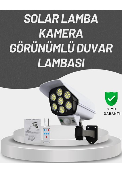 77 Led'li Güneş Enerjili Güvenlik Lambası ve Kukla Kamera – Hareket Sensörlü, 2400MAH Pilli