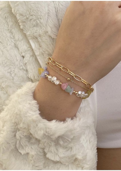 Doğal Inci Taşlı 3'lü Gold Zincir Bileklik, Şık ve Zarif Aksesuar.