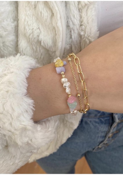 Doğal Inci Taşlı 3'lü Gold Zincir Bileklik, Şık ve Zarif Aksesuar. fiyatları