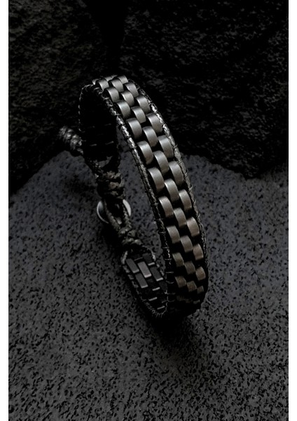 Siyah Hematit Taşı Hasır Örgü Bileklik, Doğal Taş El Yapımı Takı