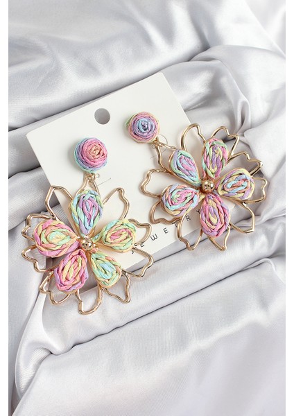 Pirinç Rainbow Çiçek Model Gold Renk Kadın Hasır Küpe - TJ-BKP10889