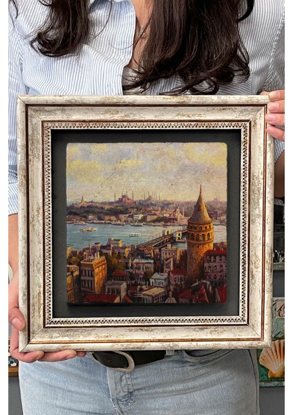 Renkli Taş Duvar Tablo, 30X30 Cm, Istanbul Galata Manzarası, Şık Dekorasyon. fırsatları
