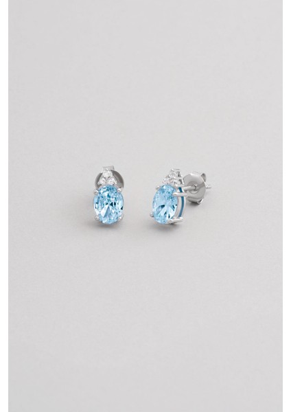 Parlak Mavi Taşlı 18 Ayar Beyaz Altın Kaplamalı Gümüş Küpe