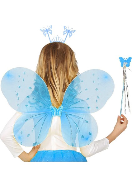Mavi Kelebek Erkek-Kız Seti – 50 cm Kelebek Kanadı, Taç ve Asa