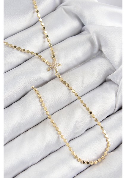 Bfs Pirinç Zirkon Taşlı Ezme Zincirli Deniz Yıldızı Model Gold Renk Y Kolye