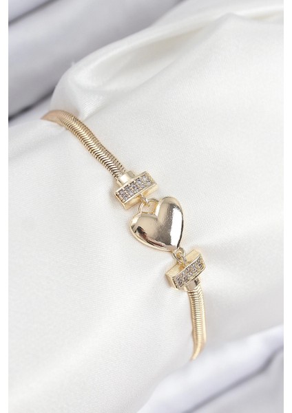 Bfs Pirinç Zirkon Taşlı Kalp Model Gold Renk Kadın Bileklik