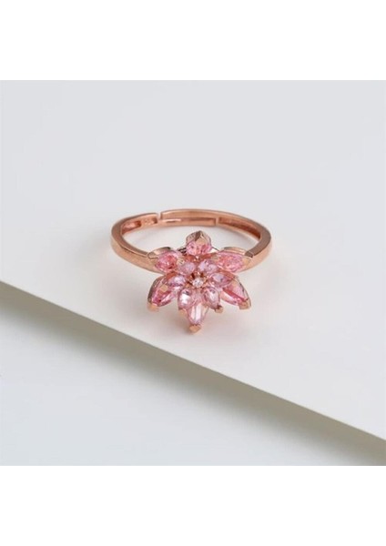 925 Ayar Gümüş Ayarlanabilir Pembe Taşlı Lotus Yüzük