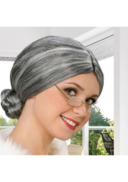 Gri Renk Yaşlı Peruğu Takma Saç Büyükanne Peruğu Yetişkin Çocuk Uyumlu fırsatları