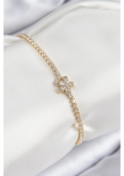 Bfs Pirinç Zirkon Taşlı Çiçek Model Gold Renk Kadın Bileklik