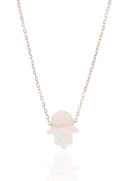 Kadın Gümüş Opal Taşlı El Eli Kolye Pembe Şık Takı SGTL9132