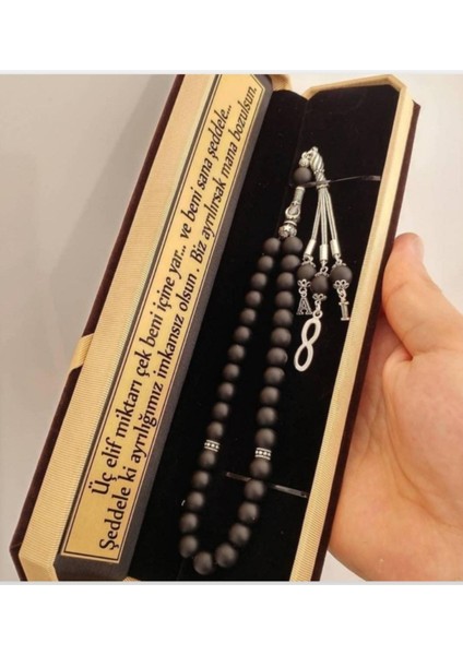 Özel Tasarımlı Oniks Taşlı Gümüş Tesbih, Kadife Kutu, Siyah