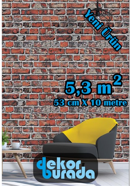 3D Ateş Tuğla Desenli, Silinebilir Duvar Kağıdı, 5,3 M², Şık ve Dayanıklı Tasarım