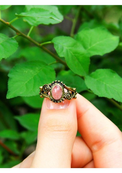 Doğal Taş Pembe Kuvars Antik Işlemeli Kadın Yüzük, Ayarlanabilir, Şık ve Zarif modelleri