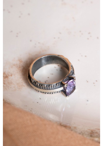 Mor Ametist Doğal Taş 925 Ayar Gümüş Şık Yüzük