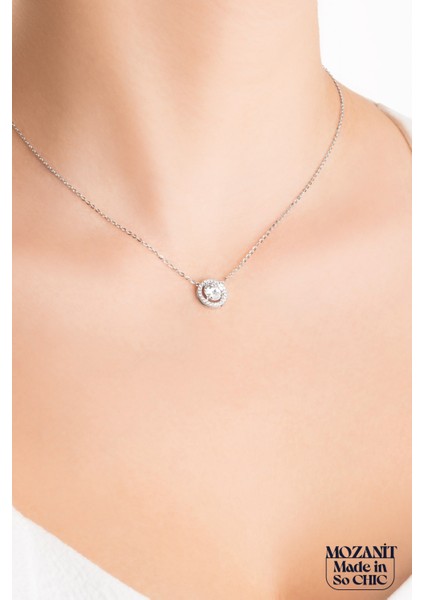 Şık 45 cm Gümüş Kolye, Mozanit Taşlı, 18 Ayar Beyaz Altın Kaplama