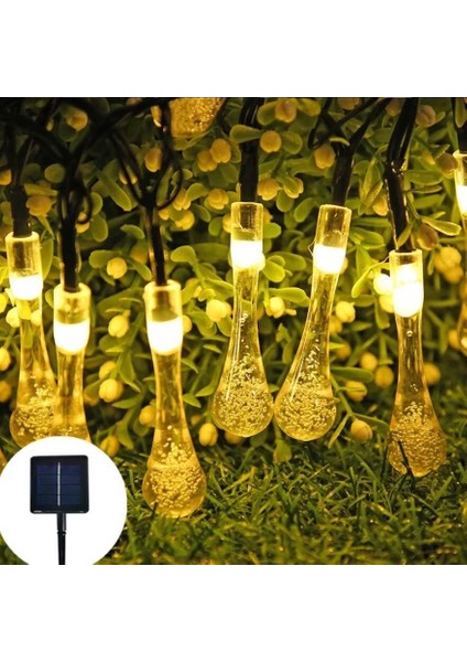 Bfs 10 LED 2 Metre Sarı Kristal Su Damlası Güneş Enerjili LED Işık Solar Bahçe Ağaç Lamba Aydınlatması