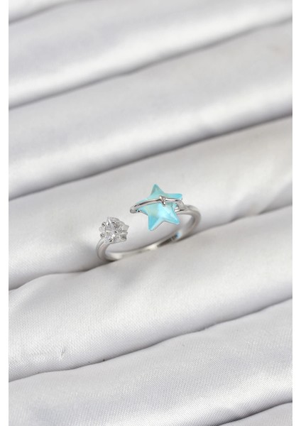 Bfs Pirinç Gümüş Renk Mavi Yıldızlı Model Kadın Yüzük