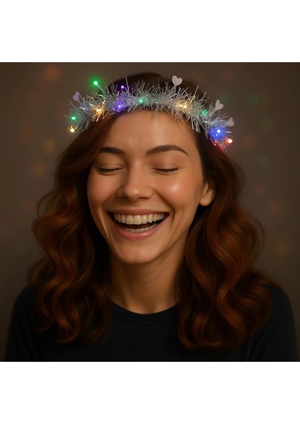 Kalp Püsküllü Gece Parıltısı 3 Modlu LED39LI Işıklı Taç Gümüş Renk