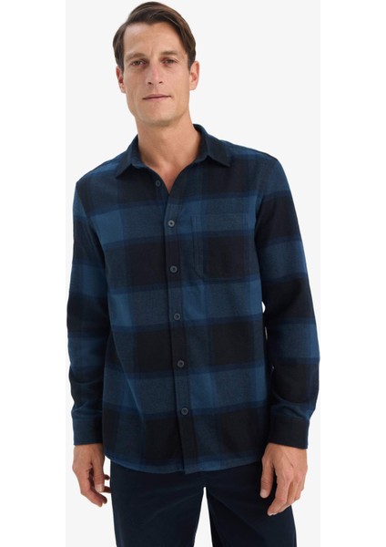 Regular Fit Polo Yaka Kareli Flanel Uzun Kollu Gömlek E8242AX25AU modelleri