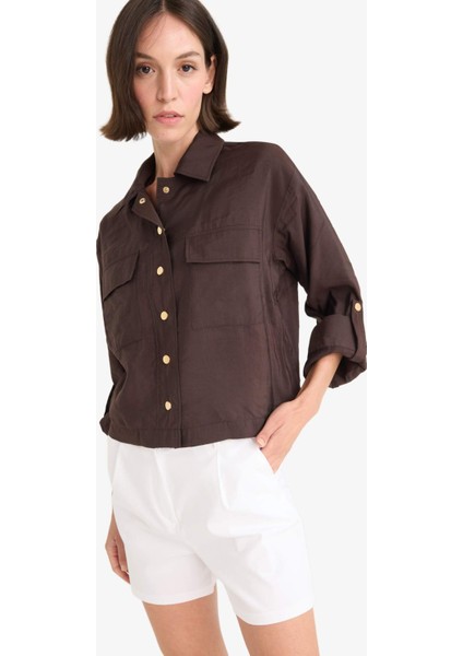 Regular Fit Gömlek Yaka Keten Karışımlı Beli Lastikli İnce Ceket F9127AX25SM fırsatları