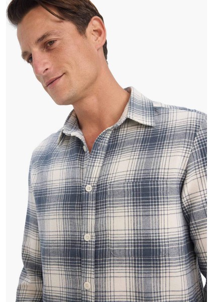 Regular Fit Polo Yaka Kareli Flanel Uzun Kollu Gömlek E8184AX25WN fırsatları