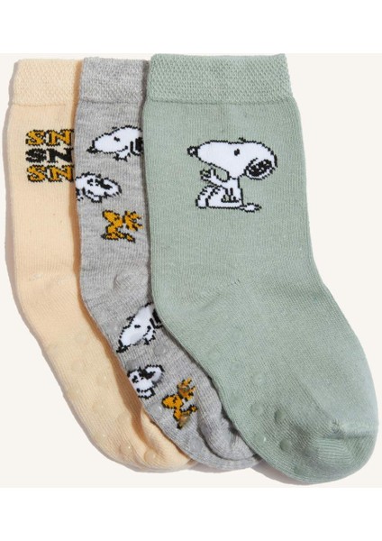 Erkek Bebek Snoopy Kaydırmaz Taban 3'lü Pamuklu Uzun Çorap F2747A5NS