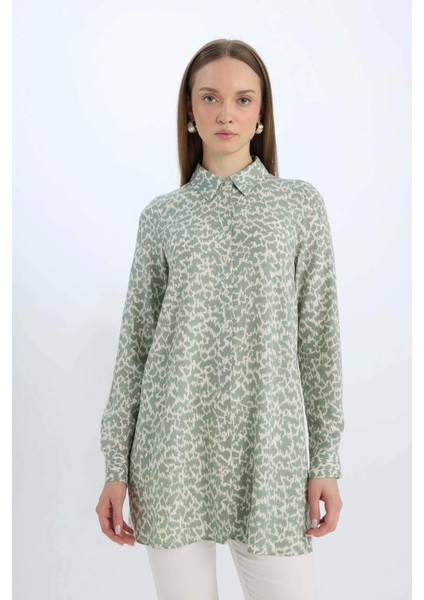 Relax Fit Gömlek Yaka Desenli Viskon Uzun Kollu Tunik