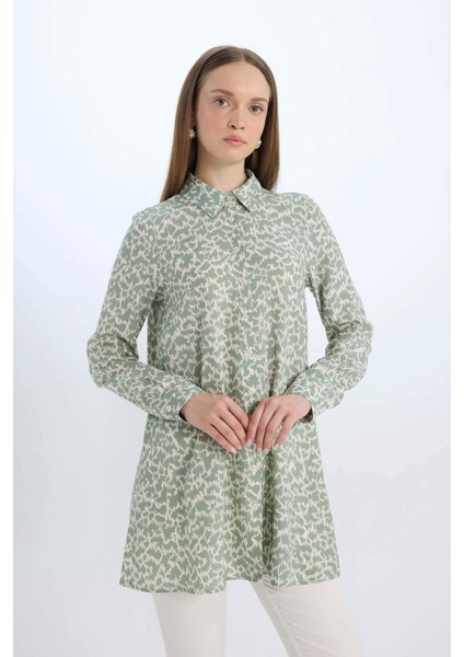 Relax Fit Gömlek Yaka Desenli Viskon Uzun Kollu Tunik fırsatları