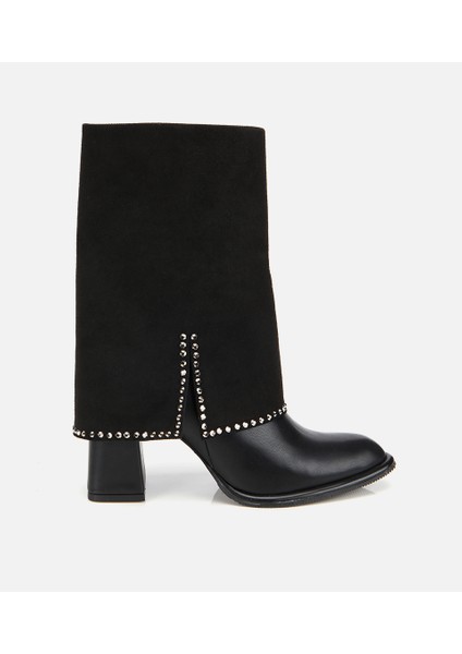 01BOH314970A100 KADIN Siyah Pantolon Görünümlü Zımbalı Kalın Topuklu Bot