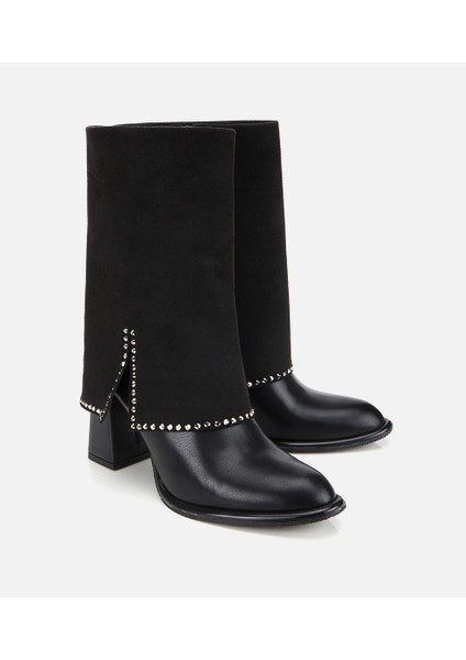 01BOH314970A100 KADIN Siyah Pantolon Görünümlü Zımbalı Kalın Topuklu Bot fiyatları
