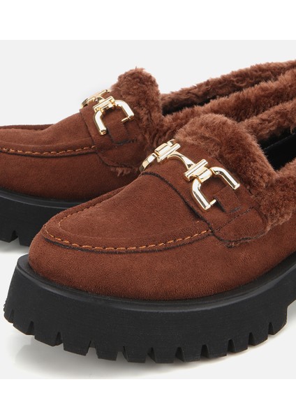 01AYH314740A480 KADIN Süet Kahverengi Kürklü Tokalı Kalın Tabanlı Günlük Loafer modelleri