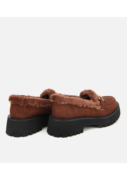 01AYH314740A480 KADIN Süet Kahverengi Kürklü Tokalı Kalın Tabanlı Günlük Loafer fırsatları